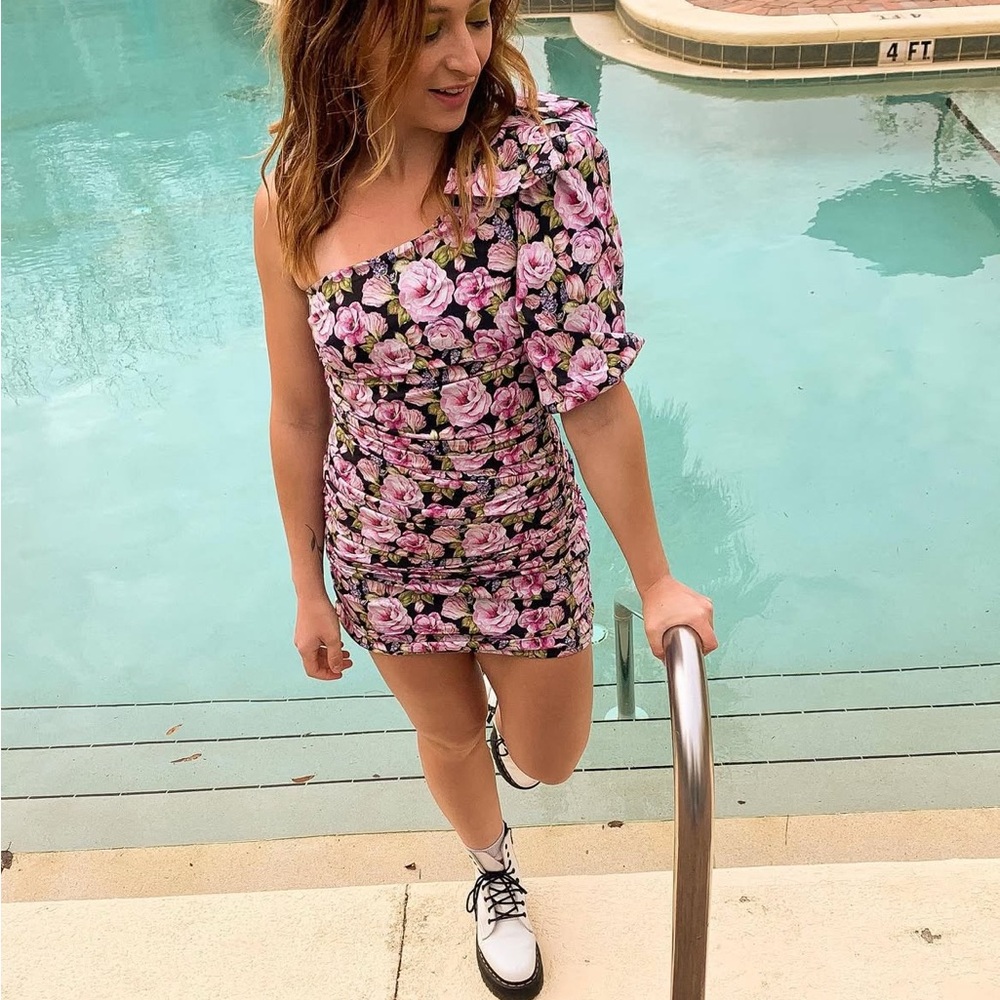 Purple and Black Floral Ruched One Shoulder Mini Dress